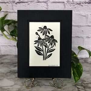Handmade coneflower daisy linocut print, matted (unframed)